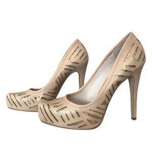 BCBGeneration Size 8.5 Leather Tan & Gold Metallic Eyelet Stiletto Pumps Heels